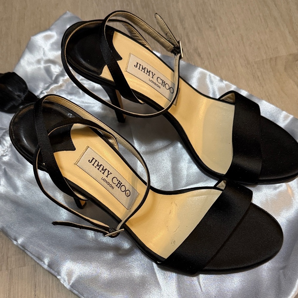 Jimmy Choo Black Satin Ankle-Strap Heels Fits 7 Or 7.5 Exact